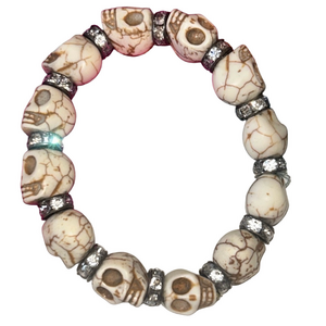Skull Bead Bracelet Silver Crystal Rhinestone Accents Stretch Band Bone Color